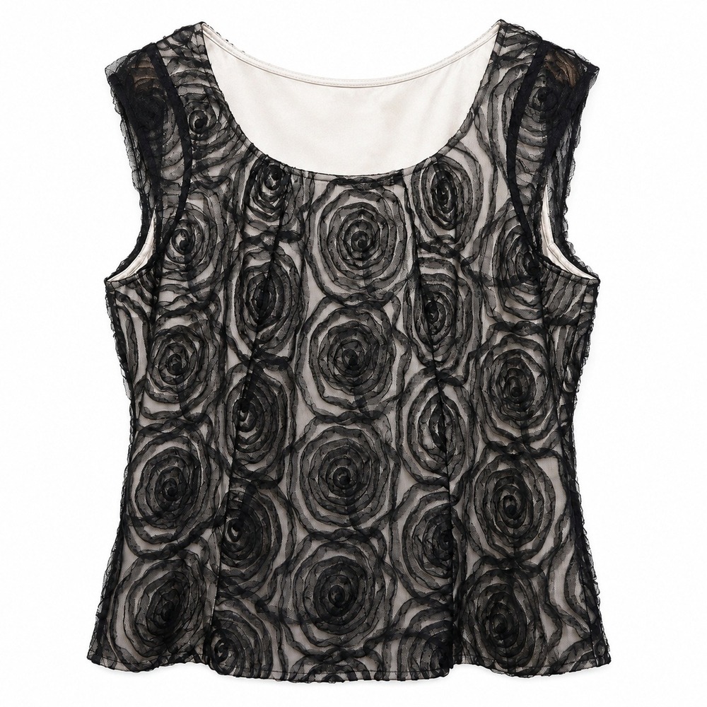 Avenue Womens 16 Black 3D Rosette Lace Mesh Top Sleeveless Goth Romantic Zip